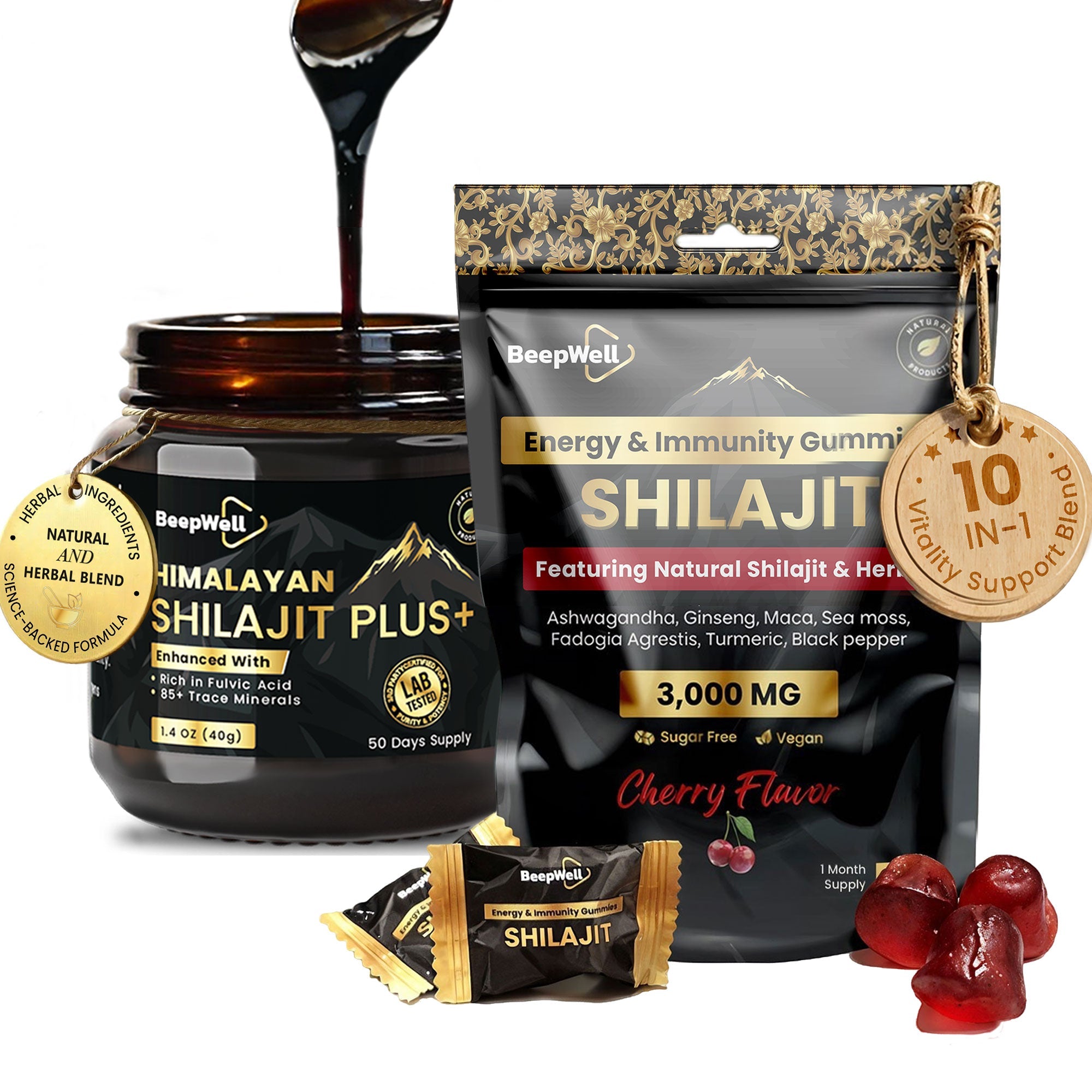 BeepWell Shilajit Resin & Gummies Combo – Fulvic Acid + Ayurvedic Blend – 50g Resin (50 Servings) & 60 Gummies – For Men & Women